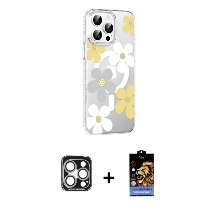 MARSİLYAN™- iPhone 15 Pro Max Kılıf Yörünge Işık Prime - Siyah Buffer Hayalet Cam Ekran Koruyucu + Gümüş PVD Metal Kamera Lens
