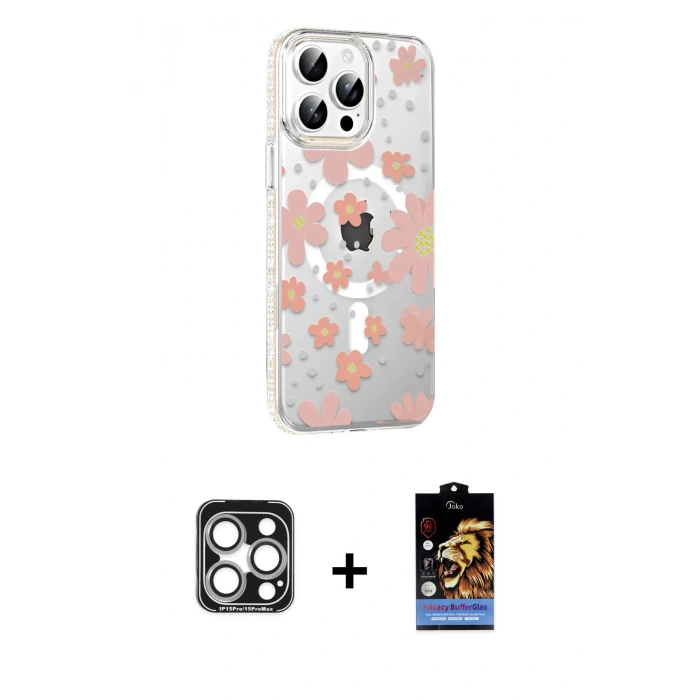 MARSİLYAN™- iPhone 15 Pro Max Kılıf Yörünge Işık Prime - Siyah Buffer Hayalet Cam Ekran Koruyucu + Gümüş PVD Metal Kamera Lens