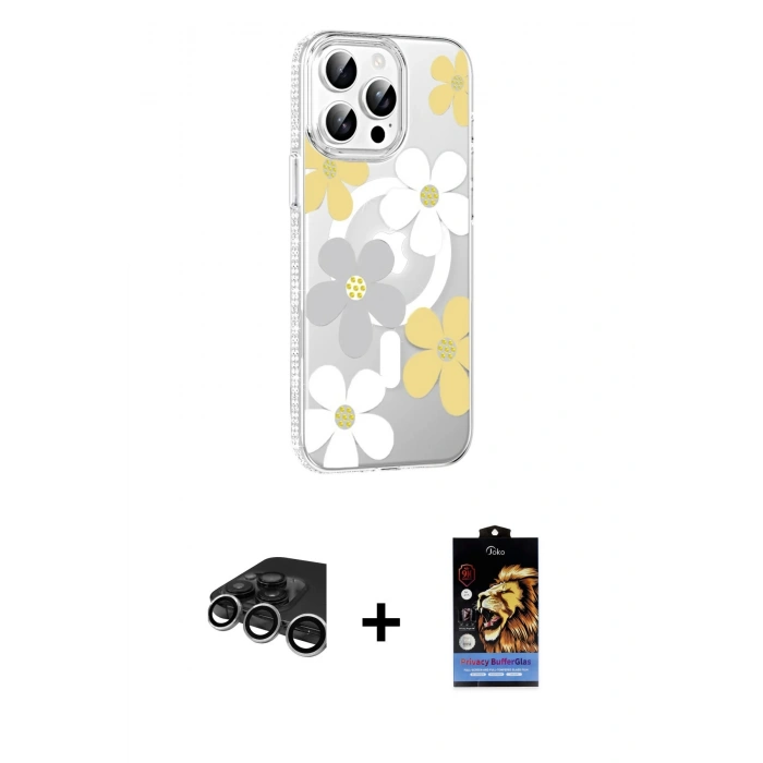 MARSİLYAN™- iPhone 15 Pro Max Kılıf Yörünge Işık Prime - Siyah Buffer Hayalet Cam Ekran Koruyucu + Raze Metal Kamera Lens - GS