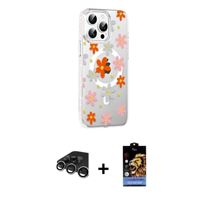 MARSİLYAN™- iPhone 15 Pro Max Kılıf Yörünge Işık Prime - Siyah Buffer Hayalet Cam Ekran Koruyucu + Raze Metal Kamera Lens - GS