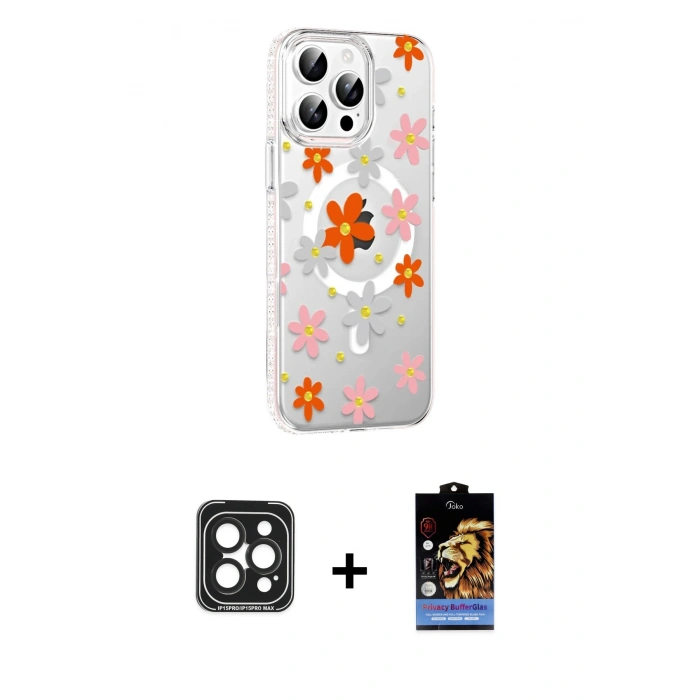 MARSİLYAN™- iPhone 15 Pro Max Kılıf Yörünge Işık Prime - Siyah Buffer Hayalet Cam Ekran Koruyucu + PVD Metal Kamera Lens - SH