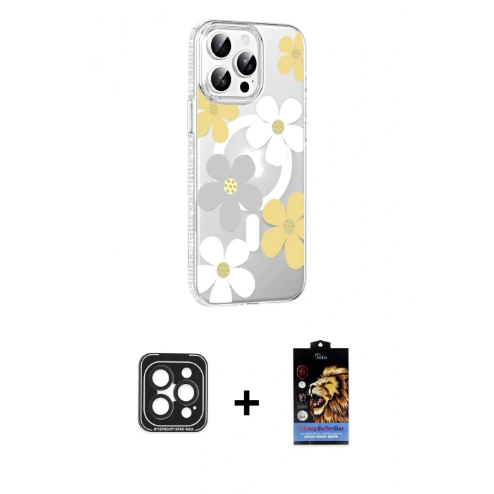 MARSİLYAN™- iPhone 15 Pro Max Kılıf Yörünge Işık Prime - Siyah Buffer Hayalet Cam Ekran Koruyucu + PVD Metal Kamera Lens - SH