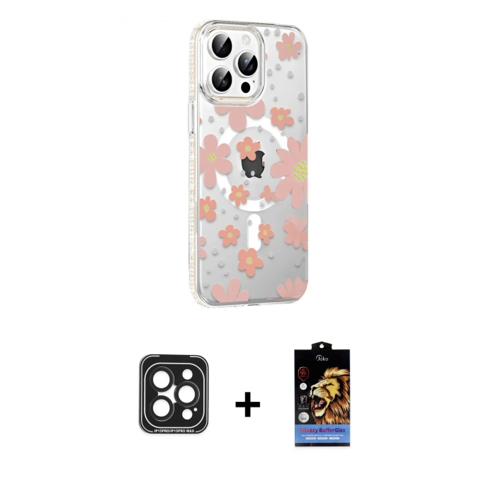 MARSİLYAN™- iPhone 15 Pro Max Kılıf Yörünge Işık Prime - Siyah Buffer Hayalet Cam Ekran Koruyucu + PVD Metal Kamera Lens - SH