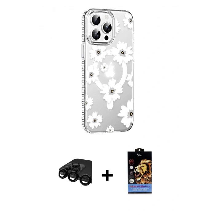 MARSİLYAN™- iPhone 15 Pro Max Kılıf Yörünge Işık Prime - Siyah Buffer Hayalet Cam Ekran Koruyucu + Raze Metal Kamera Lens - SH