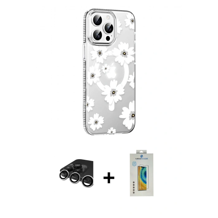 MARSİLYAN™- iPhone 15 Pro Max Kılıf Yörünge Işık Prime - Siyah Polymer Nano Ekran Koruyucu + Gümüş Raze Metal Kamera Lens