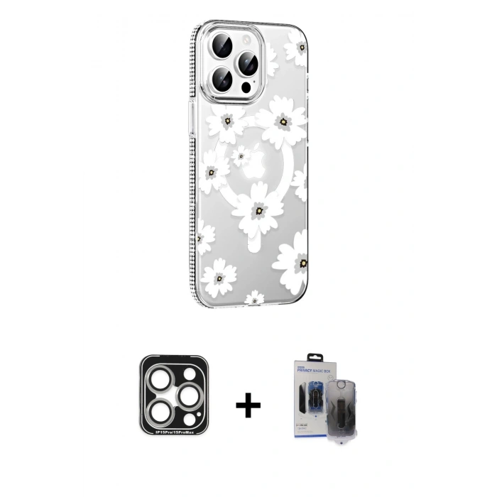 MARSİLYAN™- iPhone 15 Pro Max Kılıf Yörünge Işık Prime - Siyah Vanessa Magic Hayalet Cam + PVD Metal Kamera Lens - GS