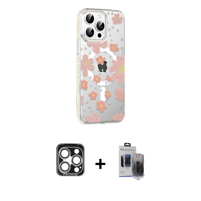 MARSİLYAN™- iPhone 15 Pro Max Kılıf Yörünge Işık Prime - Siyah Vanessa Magic Hayalet Cam + PVD Metal Kamera Lens - GS
