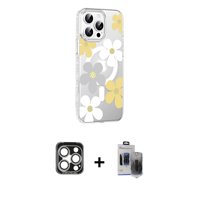 MARSİLYAN™- iPhone 15 Pro Max Kılıf Yörünge Işık Prime - Siyah Vanessa Magic Hayalet Cam + PVD Metal Kamera Lens - GS