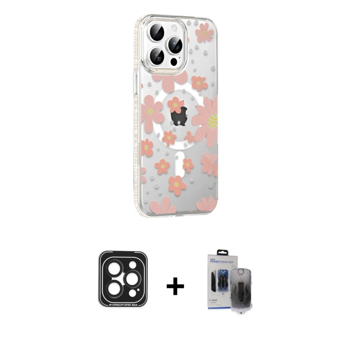 MARSİLYAN™- iPhone 15 Pro Max Kılıf Yörünge Işık Prime - Siyah Vanessa Magic Hayalet Cam + PVD Metal Kamera Lens - SH