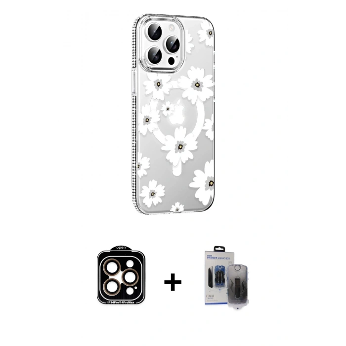 MARSİLYAN™- iPhone 15 Pro Max Kılıf Yörünge Işık Prime - Siyah Vanessa Magic Hayalet Cam + PVD Metal Kamera Lens - TU
