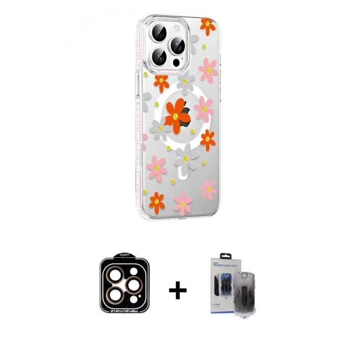 MARSİLYAN™- iPhone 15 Pro Max Kılıf Yörünge Işık Prime - Siyah Vanessa Magic Hayalet Cam + PVD Metal Kamera Lens - TU