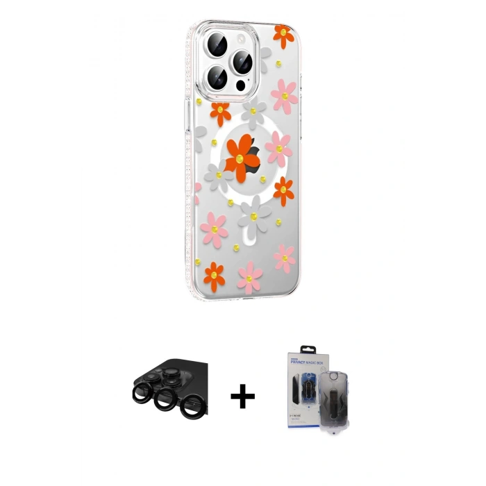 MARSİLYAN™- iPhone 15 Pro Max Kılıf Yörünge Işık Prime - Siyah Vanessa Magic Hayalet Cam + Raze Metal Kamera Lens - SH