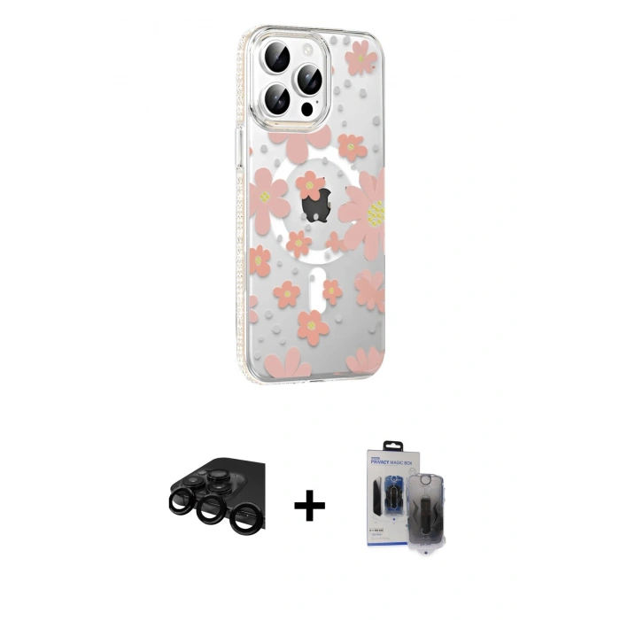 MARSİLYAN™- iPhone 15 Pro Max Kılıf Yörünge Işık Prime - Siyah Vanessa Magic Hayalet Cam + Raze Metal Kamera Lens - SH