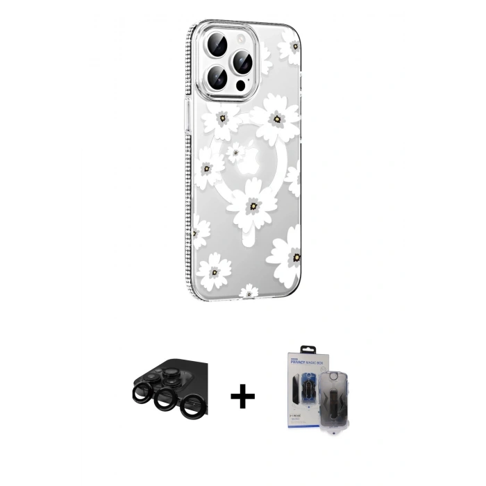 MARSİLYAN™- iPhone 15 Pro Max Kılıf Yörünge Işık Prime - Siyah Vanessa Magic Hayalet Cam + Raze Metal Kamera Lens - SH
