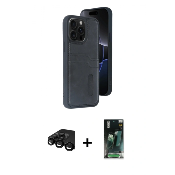 MARSİLYAN™- iPhone 15 Pro Max Kılıf Yörünge Işık Serisi - Şeffaf 360 Full Body Arka Koruyucu + Siyah Raze Metal Kamera Lens