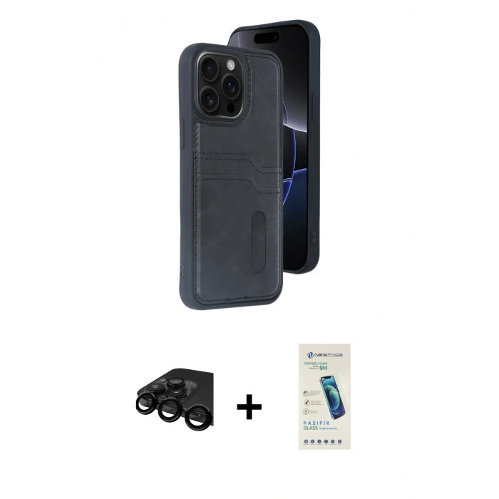 MARSİLYAN™- iPhone 15 Pro Max Kılıf Yörünge Işık Serisi - Şeffaf Pasifik Cam Ekran Koruyucu + Siyah Raze Metal Kamera Lens