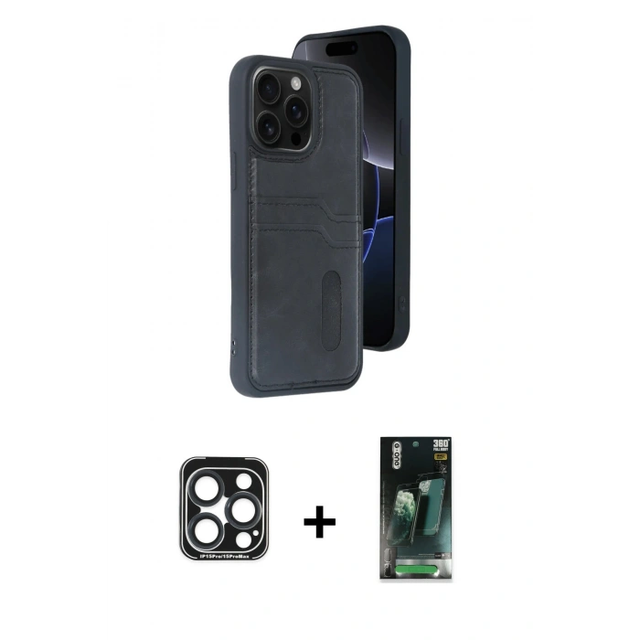 MARSİLYAN™- iPhone 15 Pro Max Kılıf Yörünge Işık Serisi - Siyah 360 Mat Full Body Arka Koruyucu + PVD Metal Kamera Lens - LT