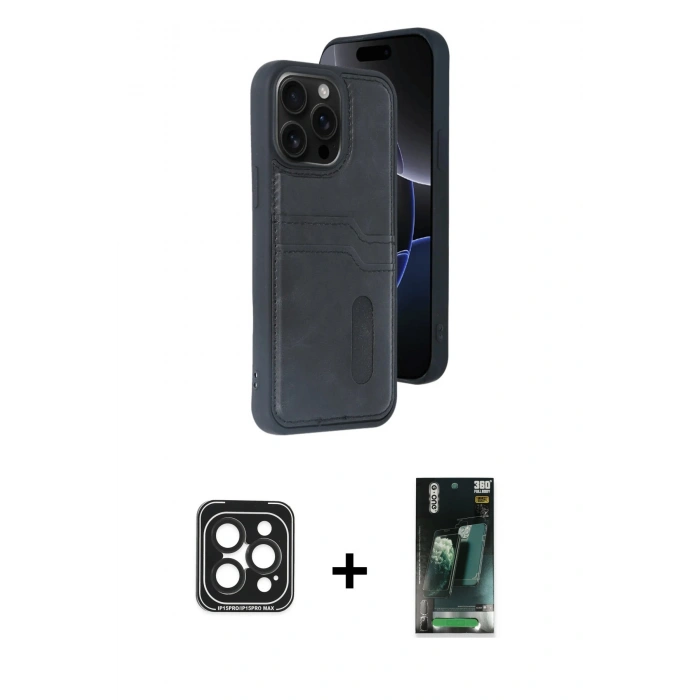 MARSİLYAN™- iPhone 15 Pro Max Kılıf Yörünge Işık Serisi - Siyah 360 Mat Full Body Arka Koruyucu + PVD Metal Kamera Lens - SH