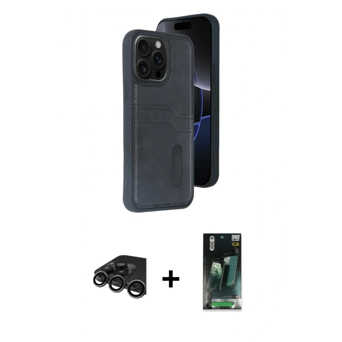 MARSİLYAN™- iPhone 15 Pro Max Kılıf Yörünge Işık Serisi - Siyah 360 Mat Full Body Arka Koruyucu + Raze Metal Kamera Lens - TMGI