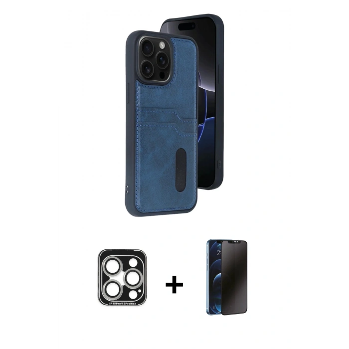 MARSİLYAN™- iPhone 15 Pro Max Kılıf Yörünge Işık Serisi - Siyah 3D Antistatik Hayalet Cam Ekran Koruyucu + PVD Metal Kamera Lens - GS
