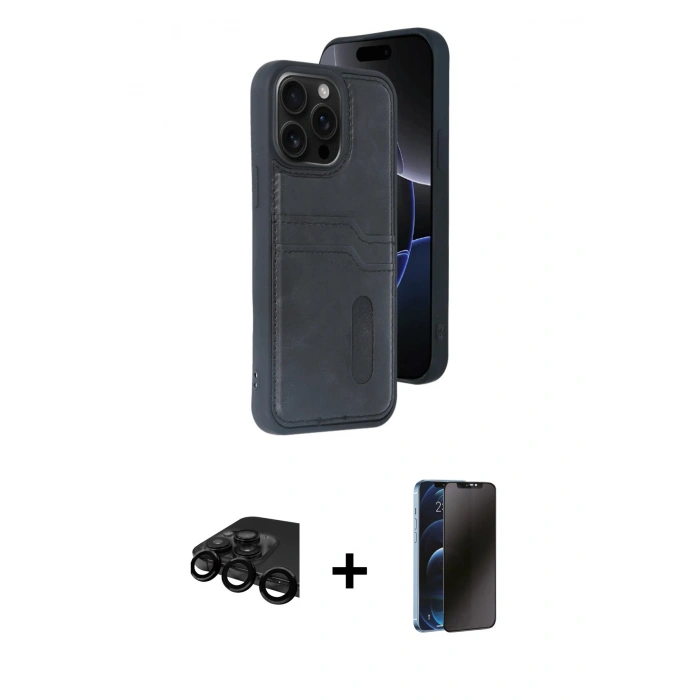 MARSİLYAN™- iPhone 15 Pro Max Kılıf Yörünge Işık Serisi - Siyah 3D Antistatik Hayalet Cam Ekran Koruyucu + Raze Metal Kamera Lens - SH