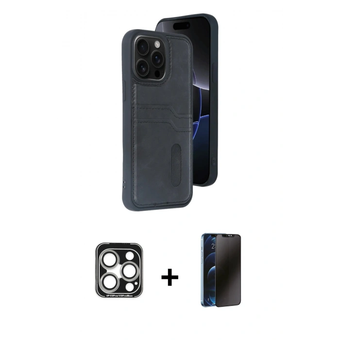MARSİLYAN™- iPhone 15 Pro Max Kılıf Yörünge Işık Serisi - Siyah 3D Antistatik Hayalet Cam Ekran Koruyucu + PVD Metal Kamera Lens - GS