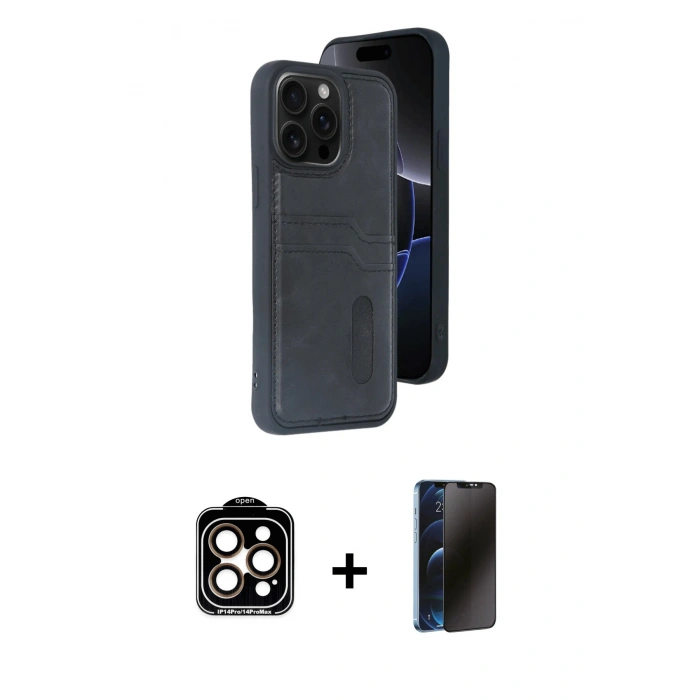 MARSİLYAN™- iPhone 15 Pro Max Kılıf Yörünge Işık Serisi - Siyah 3D Antistatik Hayalet Cam Ekran Koruyucu + PVD Metal Kamera Lens - TU