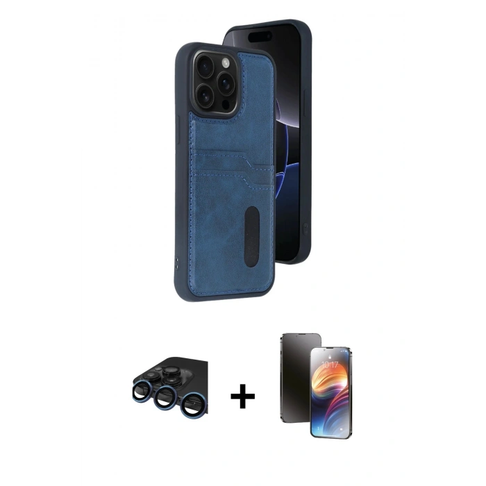 MARSİLYAN™- iPhone 15 Pro Max Kılıf Yörünge Işık Serisi - Siyah 3D Antistatik Mat Seramik Nano Ekran Koruyucu + Lacivert Raze Metal Kamera Lens