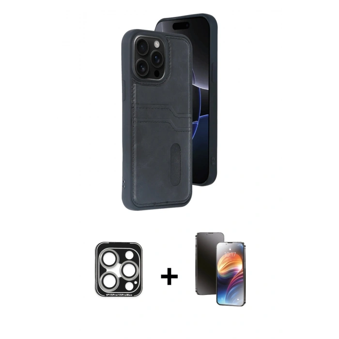 MARSİLYAN™- iPhone 15 Pro Max Kılıf Yörünge Işık Serisi - Siyah 3D Antistatik Mat Seramik Nano Ekran Koruyucu + PVD Metal Kamera Lens - GS