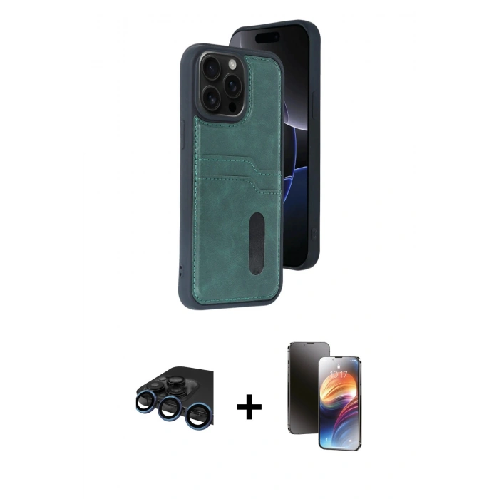 MARSİLYAN™- iPhone 15 Pro Max Kılıf Yörünge Işık Serisi - Siyah 3D Antistatik Mat Seramik Nano Ekran Koruyucu + Lacivert Raze Metal Kamera Lens