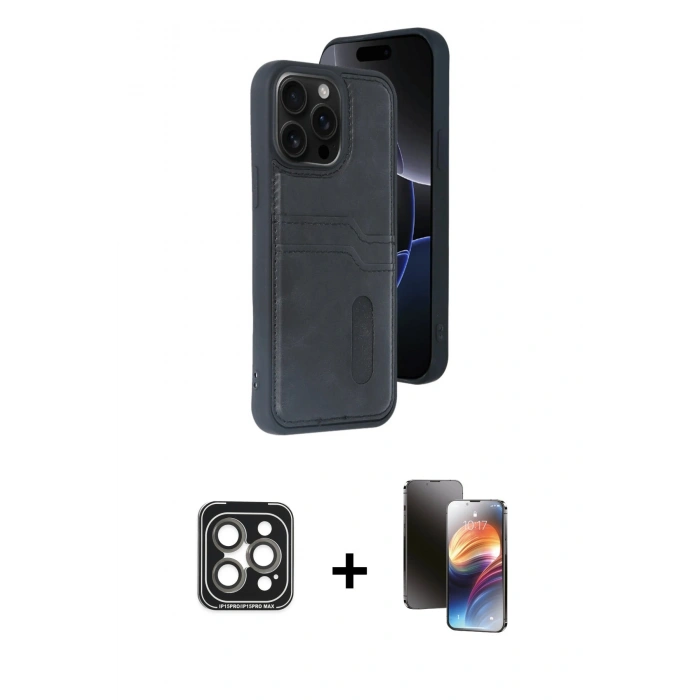 MARSİLYAN™- iPhone 15 Pro Max Kılıf Yörünge Işık Serisi - Siyah 3D Antistatik Mat Seramik Nano Ekran Koruyucu + PVD Metal Kamera Lens - GI