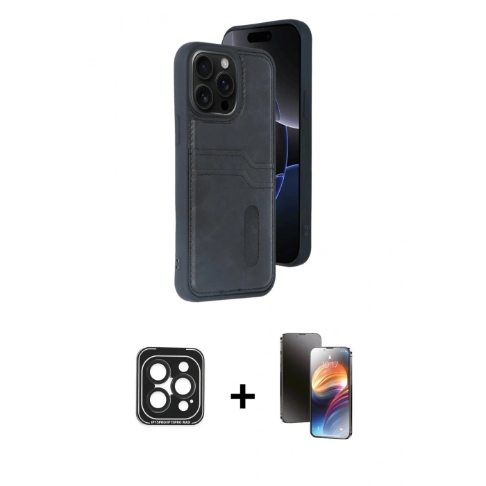 MARSİLYAN™- iPhone 15 Pro Max Kılıf Yörünge Işık Serisi - Siyah 3D Antistatik Mat Seramik Nano Ekran Koruyucu + PVD Metal Kamera Lens - SH