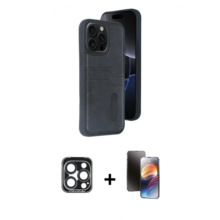 MARSİLYAN™- iPhone 15 Pro Max Kılıf Yörünge Işık Serisi - Siyah 3D Antistatik Mat Seramik Nano Ekran Koruyucu + PVD Metal Kamera Lens - LT