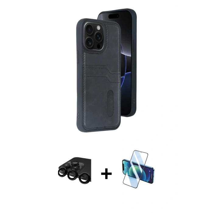 MARSİLYAN™- iPhone 15 Pro Max Kılıf Yörünge Işık Serisi - Siyah 3D Antistatik Seramik Nano Ekran Koruyucu + Raze Metal Kamera Lens - SH