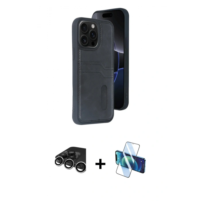 MARSİLYAN™- iPhone 15 Pro Max Kılıf Yörünge Işık Serisi - Siyah 3D Antistatik Seramik Nano Ekran Koruyucu + Raze Metal Kamera Lens - GS