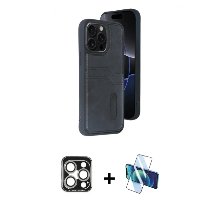 MARSİLYAN™- iPhone 15 Pro Max Kılıf Yörünge Işık Serisi - Siyah 3D Antistatik Seramik Nano Ekran Koruyucu + PVD Metal Kamera Lens - GS