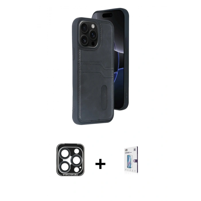MARSİLYAN™- iPhone 15 Pro Max Kılıf Yörünge Işık Serisi - Siyah Bilvis 0.18mm Plus Cam Ekran Koruyucu + PVD Metal Kamera Lens - LT