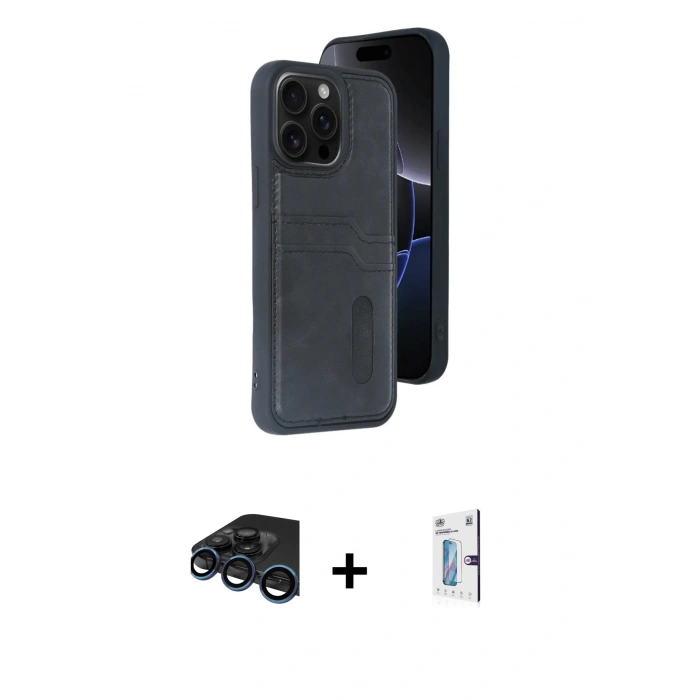 MARSİLYAN™- iPhone 15 Pro Max Kılıf Yörünge Işık Serisi - Siyah Bilvis 0.18mm Plus Cam Ekran Koruyucu + Raze Metal Kamera Lens - LT