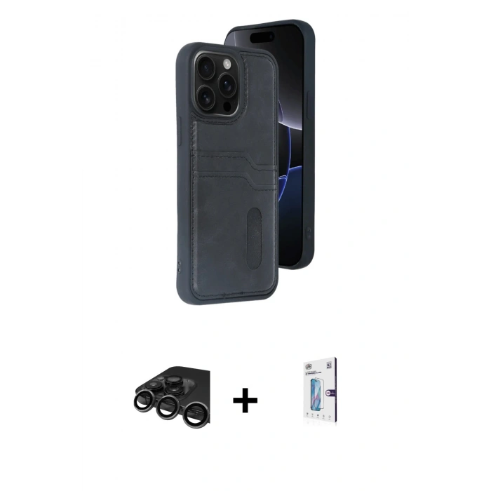 MARSİLYAN™- iPhone 15 Pro Max Kılıf Yörünge Işık Serisi - Siyah Bilvis 0.18mm Plus Cam Ekran Koruyucu + Raze Metal Kamera Lens - TMGI