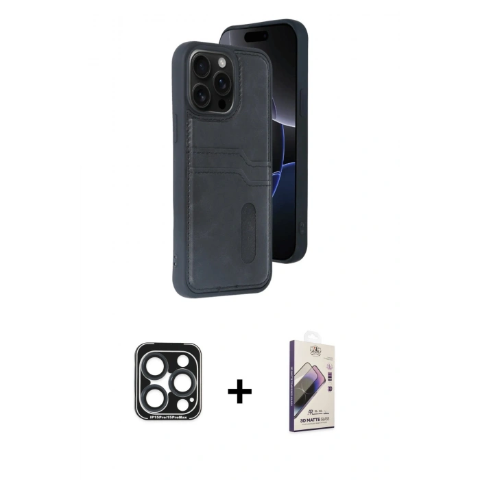 MARSİLYAN™- iPhone 15 Pro Max Kılıf Yörünge Işık Serisi - Siyah Bilvis 3D Mat Cam Ekran Koruyucu + Lacivert PVD Metal Kamera Lens