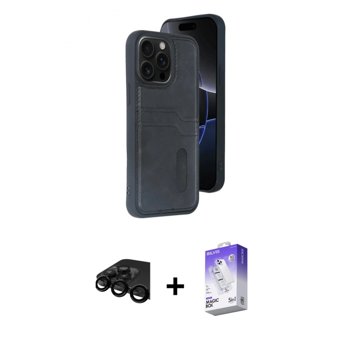 MARSİLYAN™- iPhone 15 Pro Max Kılıf Yörünge Işık Serisi - Siyah Bilvis 5in1 3D Magic Cam Ekran Koruyucu + Raze Metal Kamera Lens - SH