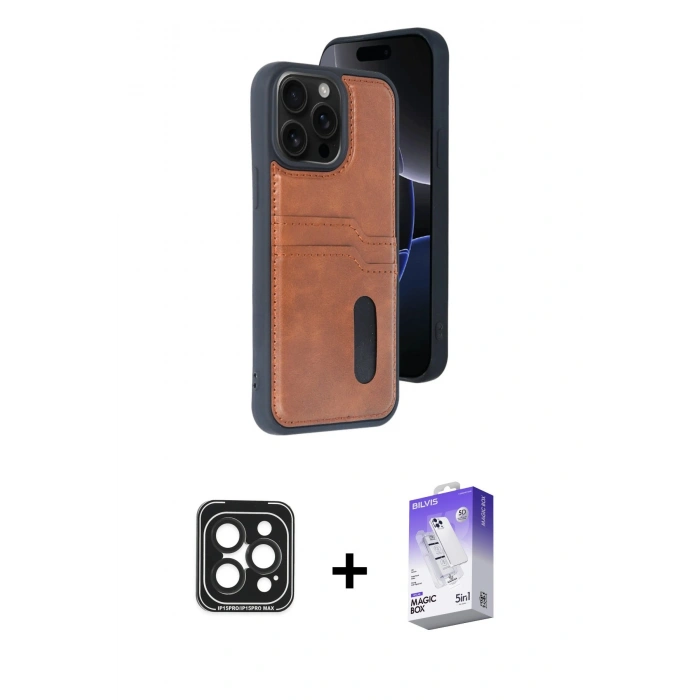 MARSİLYAN™- iPhone 15 Pro Max Kılıf Yörünge Işık Serisi - Siyah Bilvis 5in1 3D Magic Cam Ekran Koruyucu + PVD Metal Kamera Lens - SH