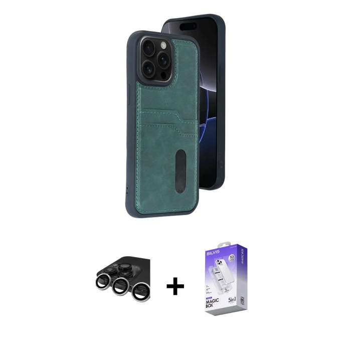 MARSİLYAN™- iPhone 15 Pro Max Kılıf Yörünge Işık Serisi - Siyah Bilvis 5in1 3D Magic Cam Ekran Koruyucu + Raze Metal Kamera Lens - GS