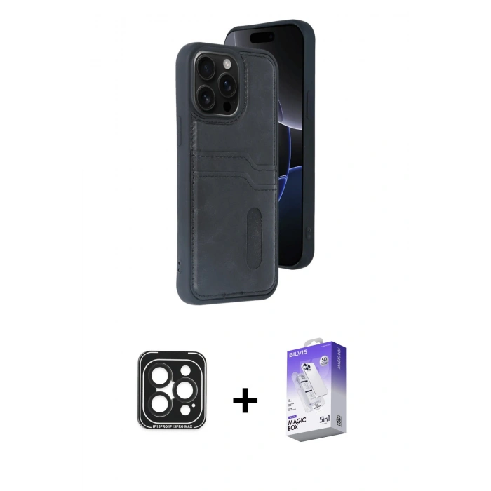 MARSİLYAN™- iPhone 15 Pro Max Kılıf Yörünge Işık Serisi - Siyah Bilvis 5in1 3D Magic Cam Ekran Koruyucu + PVD Metal Kamera Lens - SH