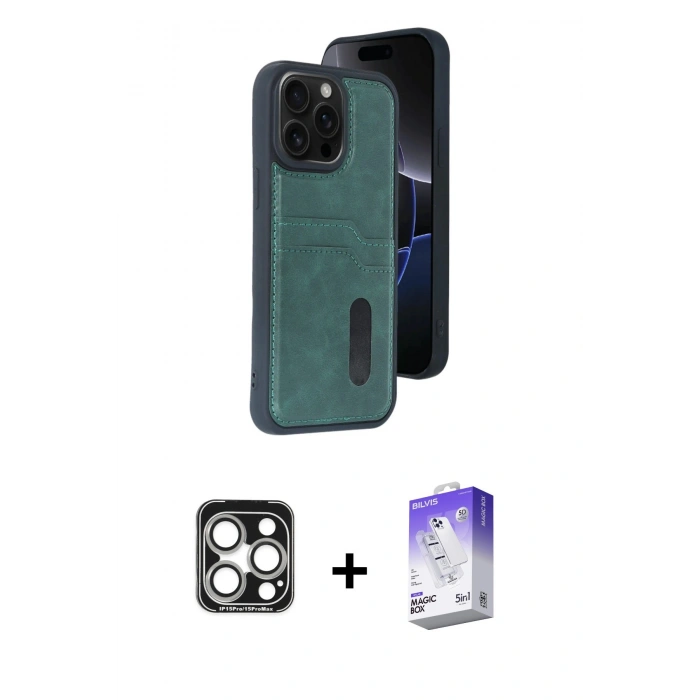 MARSİLYAN™- iPhone 15 Pro Max Kılıf Yörünge Işık Serisi - Siyah Bilvis 5in1 3D Magic Cam Ekran Koruyucu + PVD Metal Kamera Lens - GS