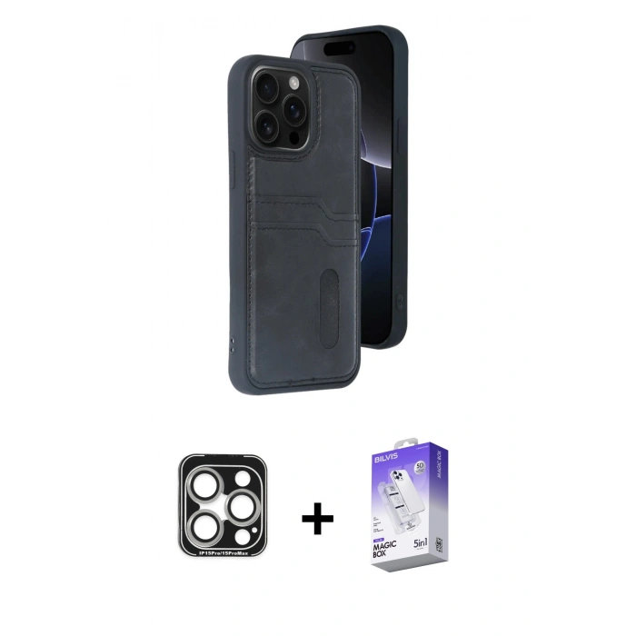 MARSİLYAN™- iPhone 15 Pro Max Kılıf Yörünge Işık Serisi - Siyah Bilvis 5in1 3D Magic Cam Ekran Koruyucu + PVD Metal Kamera Lens - GS