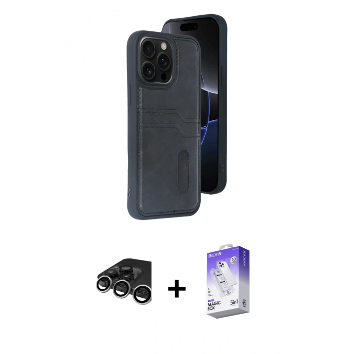 MARSİLYAN™- iPhone 15 Pro Max Kılıf Yörünge Işık Serisi - Siyah Bilvis 5in1 3D Magic Cam Ekran Koruyucu + Raze Metal Kamera Lens - GS