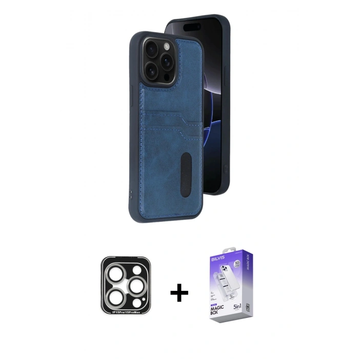 MARSİLYAN™- iPhone 15 Pro Max Kılıf Yörünge Işık Serisi - Siyah Bilvis 5in1 3D Magic Cam Ekran Koruyucu + PVD Metal Kamera Lens - GS