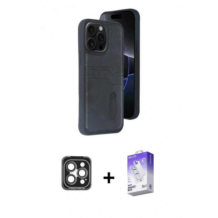 MARSİLYAN™- iPhone 15 Pro Max Kılıf Yörünge Işık Serisi - Siyah Bilvis 5in1 3D Magic Cam Ekran Koruyucu + PVD Metal Kamera Lens - GI