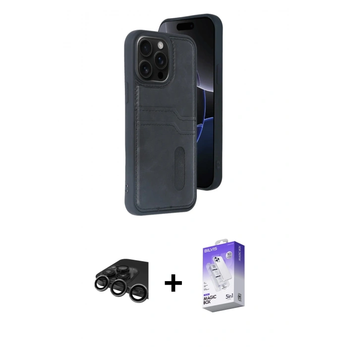 MARSİLYAN™- iPhone 15 Pro Max Kılıf Yörünge Işık Serisi - Siyah Bilvis 5in1 3D Magic Cam Ekran Koruyucu + Raze Metal Kamera Lens - TMGI